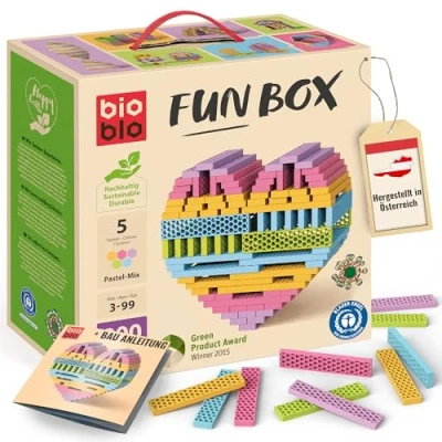 Image of bioblo Funbox Pastel Mix 200 pieces Sustainable colorful building blocks for children from 3 years Wooden children&#039;s toys STEM Montessori stacking &amp; balancing toy