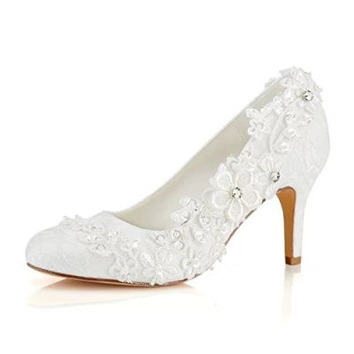 Image of Emily Bridal Wedding Shoes Women&#039;s Silk Like Satin Stiletto Heel Pumps with Stitching Lace Flower Crystal Pearl (EU38/UK5, Ivory)