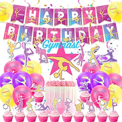 Image of Gymnastics Birthday Party Decorations Supplies Includes Banner, Hanging Swirls, Cake Topper, Cupcake Balloons for Baby Shower