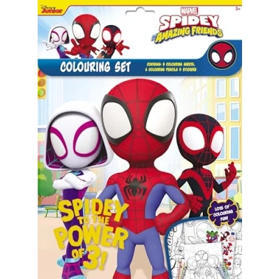 Image of Design Group Spidey &amp; Friends Power of 3 Colouring Set Pencils Stickers Sheets Kids Activity Age 3+