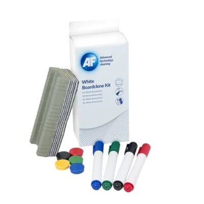 Image of AF Complete Whiteboard Cleaning kit 125ml White board Spray Solution, Magnets, Peelable Eraser, Pens and Absorbent Cloths, Ideal starter for all home office, classroom labs etc (WBK000)