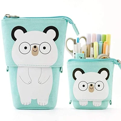 Image of Telescopic Pencil Pouch Bag Standing Pen Holder Canvas Cartoon Cute Cat Case Cosmetic Bags for Boys Girls Students and Office Supplies (Spectacled Bear)
