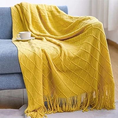 Image of LumiSyne Knitted Throw Blanket With Tassel Solid Color Geometric Plaid Pattern Cozy Couch Cover Soft Bedspread Decorative For Sofa Bed Settee 230x130cm