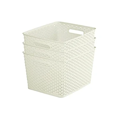 Image of Curver My Style Rattan Effect Set of 3 Kitchen, Living room, Bathroom, Bedroom, Utility Large Rectangular Storage Baskets 18 Litres White
