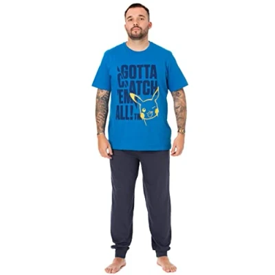 Image of Pokemon Pikachu Mens Pyjamas Adults Blue Loungewer Pants and T Shirt Gaming PJ Set Gotta Catch Em All Short Sleeve Tee Long Leg Bottoms Pajama Bundle Cartoon Nightwear Merchandise Gift for Him