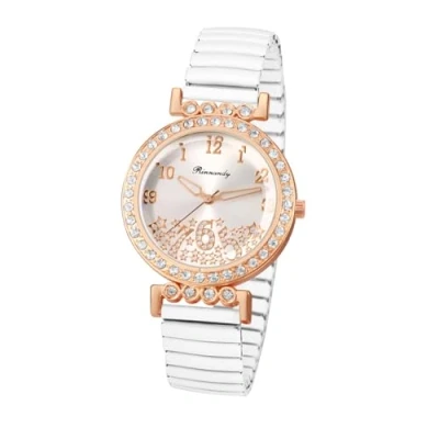 Image of JewelryWe Cubic Zirconia Elastic Watches: Easy Reader Round Analog Quartz Colorful Stretch Band Wristwatch