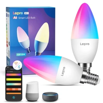 Image of Lepro BC1 AI Smart Bulb E14, Music Sync Bluetooth&amp; WiFi Bulb, Voice Control Small Screw LLM Generated Lighting, Color Changing Bulb,Work with Alexa &amp; Google Assistant, 2 Packs