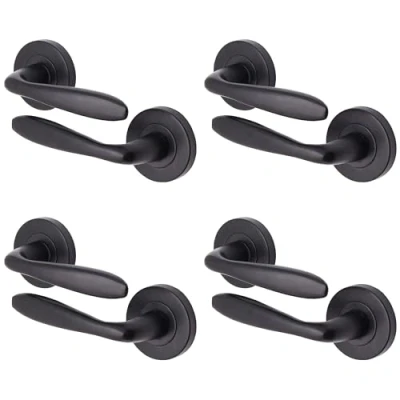 Image of EAI Black Internal Door Handle 4 Pairs Round Matt Lever on Rose for Home, Lounge, Kitchen, Bedroom &amp; Office Use
