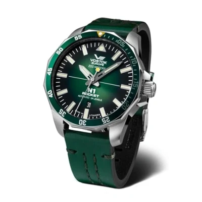 Image of Vostok Europe Men&#039;s Watch with Leather Strap N1 Rocket Automatic 20 ATM SII NH35A Date, 225a710 Green / Green, Strap.