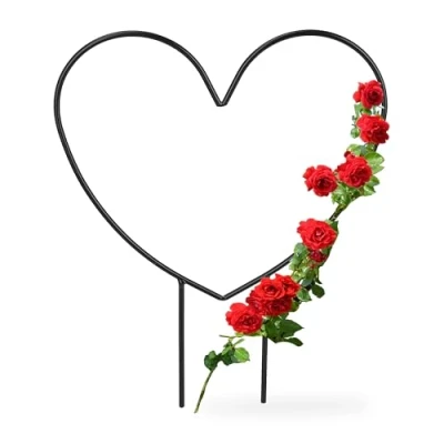 Image of Relaxdays Climbing Aid Heart, Metal, Trellis for Pot and House Plants, HxWxD: 32 x 25 0.5 cm, Flower Support, Black, Alloy Steel
