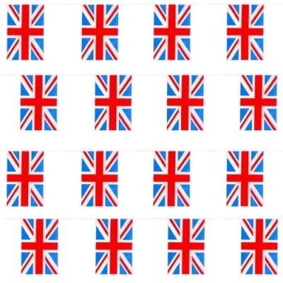 Image of Union Jack Bunting 10m 33ft 20 Flag Plastic all Weather Great Britain Decoration for The Kings Coronation, Indoor Outdoor Sporting Events, Street Parties, Festivals and Celebrations
