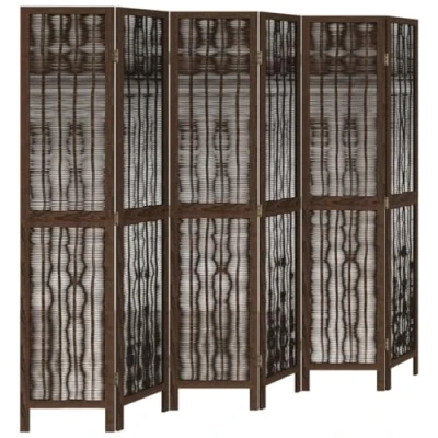 Image of vidaXL 6 Panel Paulownia Wood Room Divider Dark Brown Foldable Privacy Screen/Partition with Willow Twig for Living Room, Bedroom, Office