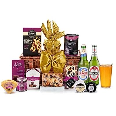 Image of Premium Beer Gift Set Cambridge Hamper with Beck&#039;s, Peroni, Cheddar, Brie, Oatcakes, Chocolate Biscuits Gifts for Him, Birthday Hamper, from Regency Hampers