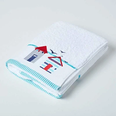 Image of HOMESCAPES Beach Hut Embroidered Bath Towel Blue, Red &amp; White Seaside Patterned Large 100% Cotton 550 GSM Super Absorbent Fluffy Holiday for Pool or Gym