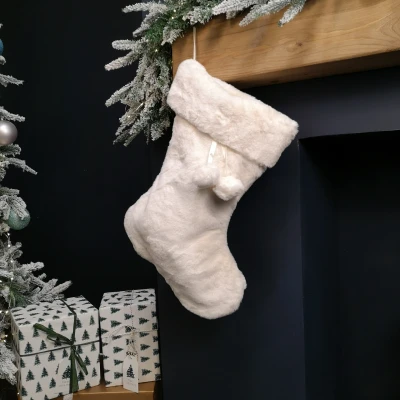 Image of Samuel ALEXANDER 50cm Winter White Faux Fur Hanging Christmas Stocking with Pom Poms