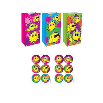 Image of HENBRANDT 24 Smiley Face Party Bags with Sealing Stickers, 3 Assorted Designs, Kids Paper Lunch Bags, Favours, Goodies Treats Gift for Birthdays, Picnics, Boys and Girls