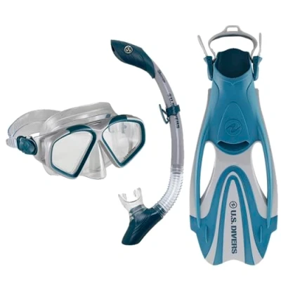 Image of US.Divers Set Cozumel Adult Mask, Fins and Snorkel Kit with UV Protection, Anti fog leak Lenses, Hiking, Snorkeling, Men Women, Silicone Adjustable Fins, Carry Bag Included