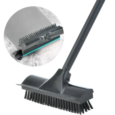 Image of 2 in 1 Floor Scrub Brush with Long Handle, Scrape and Stiff Bristle Shower Cleaning Sweeping Deck Push Broom for Kitchen, Bathroom, Patio, Wall (Black)