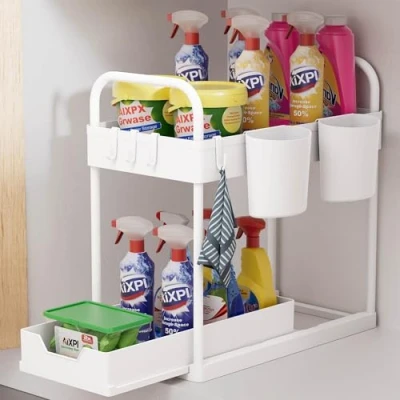 Image of 2 Tier Under Sink Storage,Under Organiser with Bottom Sliding Basket Drawer,4 Hooks,2 Hanging Cup,Multi Purpose Cabinet for Bathroom Kitchen Countertop,White