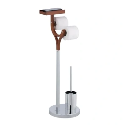 Image of Relaxdays WC Set, Standing, Toilet Paper Roll, Brush with Holder, Bathroom Accessory, 84 x 25 30 cm, Silver/Brown, Fibreboard