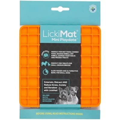 Image of LickiMat Mini Classic Playdate Dog Food Mat, Slow Feeder for Boredom &amp; Anxiety Relief Dogs, Perfect Food, Treats, Yoghurt Peanut Butter, Fun Alternative to a Feeding Bowl, Orange