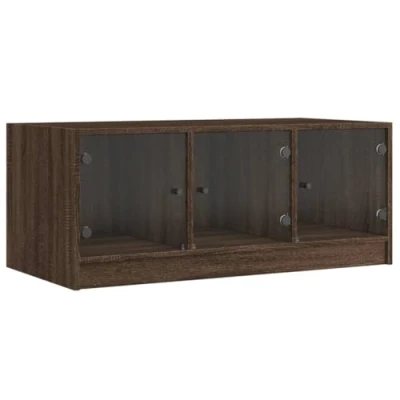 Image of vidaXL Modern Brown Oak Coffee Table with Glass Doors Engineered Wood Rectangular Centerpiece for Living Room Storage and Display, 102x50x42cm