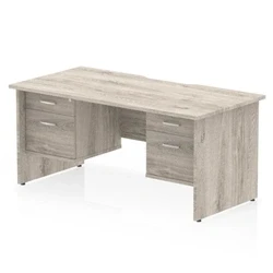 Image of Impulse 1600 x 800mm Scalloped Edge Straight Office Desk Grey Oak Top Panel End Leg Workstation 2 Drawer Fixed Pedestal