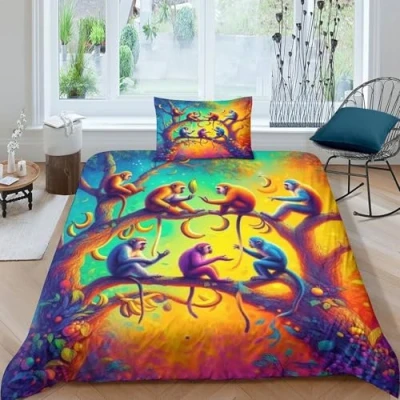 Image of ZYGAOKDD 3 Piece Set Duvet Cover Monkey on Tree 3D Printing Bedding Girl Woman Quilt with Pillowcase, Microfiber Single（135x200cm）