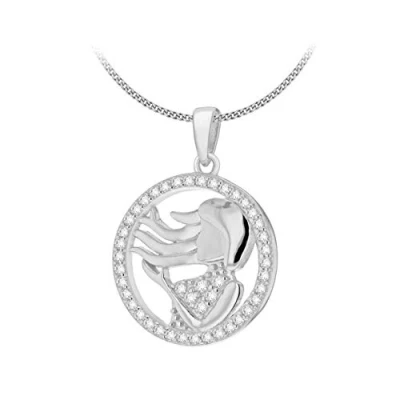 Image of Tuscany Silver Women&#039;s Sterling Rhodium Plated CZ Virgo Horoscope Round Pendant on Curb Chain 46cm/18&quot;