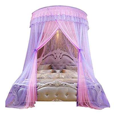 Image of Bed Canopy Lace Sheer Mesh Princess Dome Mosquito Net Tent Decoration Hanging Curtains for Double Purple