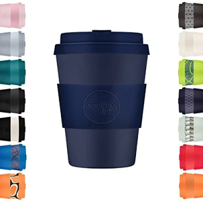 Image of Ecoffee Cup 12oz 350ml Reusable Eco Friendly 100% Plant Based Coffee with Silicone Lid &amp; Sleeve Melamine Free Biodegradable Dishwasher/Microwave Safe Travel Mug, Dark Energy