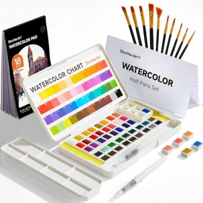 Image of Shuttle Art Watercolour Paint Set, 48 colours in Half Pan, 2 Water Brush Pens, 10 Brushes, 1 Pad, Palette, colour Charts, Kit for Kids, Adults, Artists