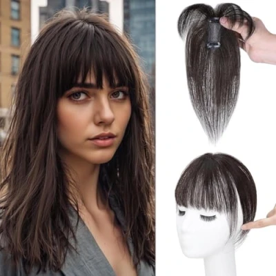 Image of Clip in Fringe Bangs 360 3D Cover 100% Real Human Hair Toppers with Bangs，Brown Black pieces on for Women Fake Daily Wear