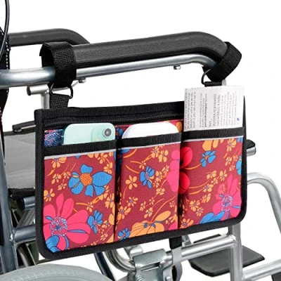 Image of supregear Wheelchair Armrest Side Bag, Walker Organizer Bag with Reflective Stripes Waterproof Storage Pouches for Any Wheelchair, Mobility Scooter, Walker, Rollator Carry Accessories (Floral)