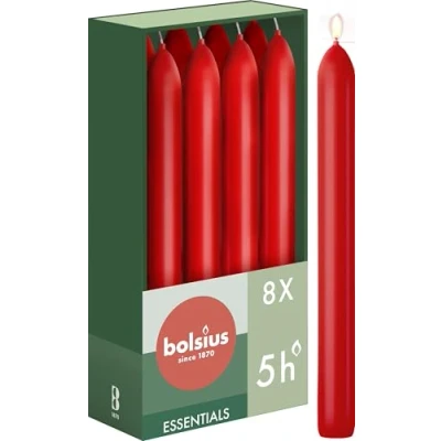 Image of Bolsius Tapered Dinner Candles Red 8 Pack 17 cm Long Burning Time of 5 Hours Unscented Includes Natural Vegan Wax Without Palm Oil