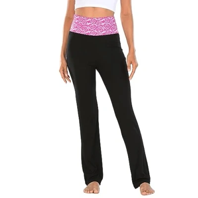Image of HDE Women&#039;s Color Block Fold Over Waist Yoga Pants Flare Leg Workout Leggings, Pink Heart Tie Dye / Black, S