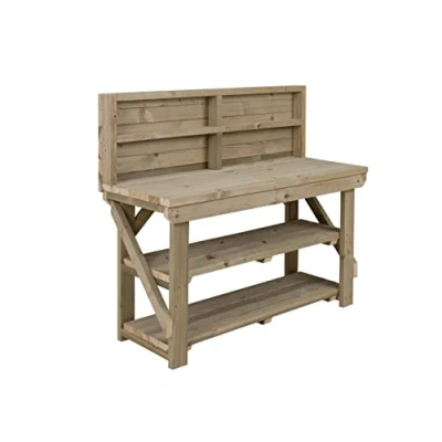 Image of Workbench With Double Shelf and Back Panel Indoor/Outdoor Pressure Treated Heavy Duty Handmade Garage Workshop Work Table (3ft)