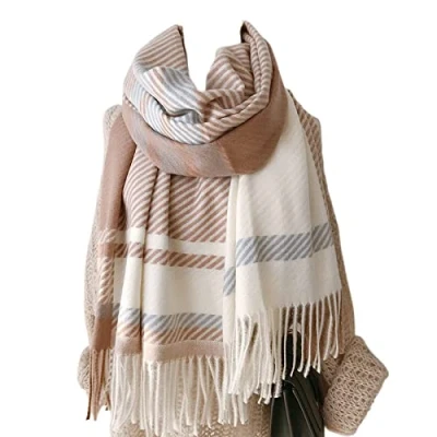 Image of HGJH Ladies Winter Scarf Women&#039;S Imitation Cashmere Fashion Shawl Stripe Tassel Camel Beige Width Women Thick Trend Christmas Scarves For Warm