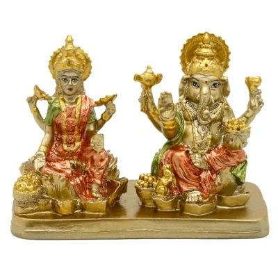 Image of alikiki Hindu Lord Ganesha Lakshmi Statue Indian God Laxmi Ganesh Murti Item Home Temple Puja Pooja Idol Diwali Gift India Tabletop Desk Ganpati Sculptures
