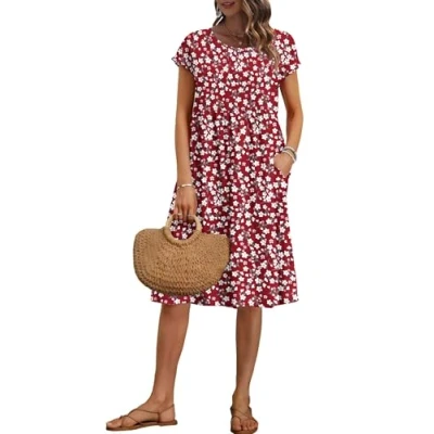 Image of AUSELILY Women&#039;s Summer Short Sleeve Knee Length Dresses Round Neck Loose Dress with Pockets Boho Floral Black L