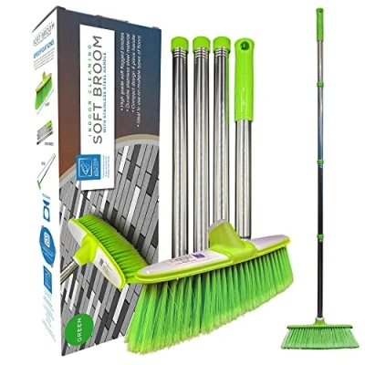 Image of Soft Broom Indoor Sweeping Brush with Stainless Steel Handle The Perfect Kitchen Floor for Your House Long Handled Sweeper (Green)