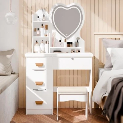 Image of tinysiry Makeup Vanity Desk with Heart shaped Mirror,Dressing Table LED lights &amp; 4 Drawers Opening Shelves,White Bedroom Dressing Tables white