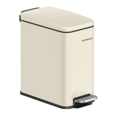 Image of SONGMICS Bathroom Bin, 1.3 Gallon (5 L) Small Bin with Lid, Pedal Toilet Slim for Spaces, Steel, Soft Close, Sand Beige LTB560A01