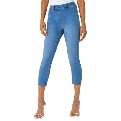 Image of Roman Originals Cropped Jeggings for Women UK Ladies Capri Stretchy Jeans Denim Legging Cotton Summer Trouser Three Quarter 3/4 Length Pull On Cut Off High Waist Smart Blue Size 20