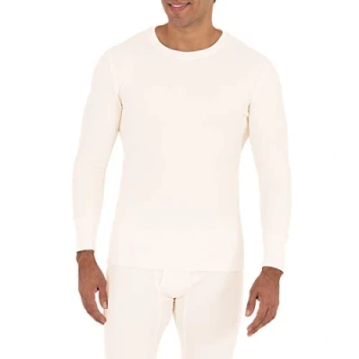 Image of Fruit of the Loom Men&#039;s Recycled Waffle Thermal Underwear Crew (1 and 2 Packs) Pajama Top, Natural, M UK