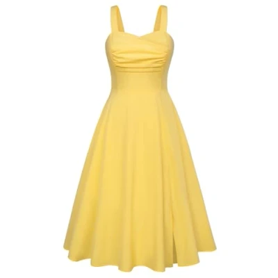 Image of Women Summer Beach Dress Sweetheart Neck Swing A Line Prom Party Yellow L