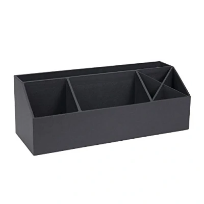 Image of Bigso Box of Sweden Desk Storage Organiser with 4 Compartments Stationery for Notes, Paperclips, Pens etc. Pen Holder Made Fibreboard and Paper in Linen Look Dark Grey