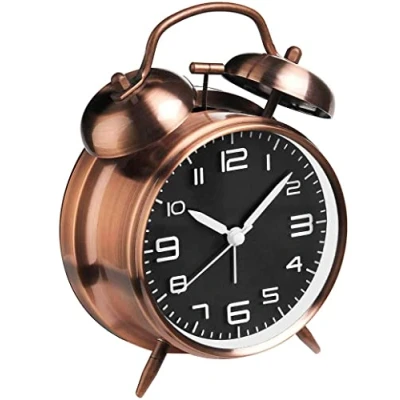 Image of Lesipee 4 inches Analog Clock Twin Bell Battery Operated Alarm Loud for Heavy Sleepers, Old Fashioned Bedrooms (Brown)