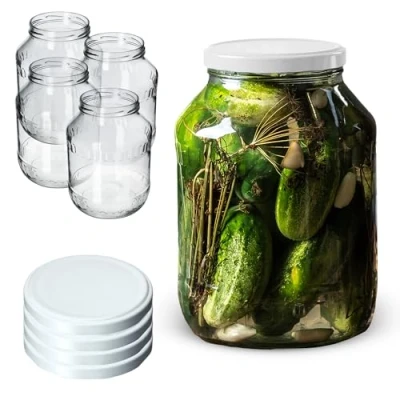 Image of KADAX Glass Jars 2.5 L, Round Preserve Storage with Wide Mouth, Large Preserving for Fermenting, Pickling Cucumbers (Set of 4, White Lids)