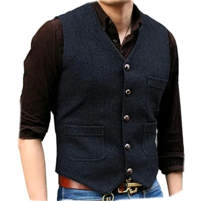 Image of Solovedress Formal Vintage Waistcoat Tweed Wool Blend Suit Vest with Real Pockets for Wedding Groomsmen(Dark Navy Blue,L)